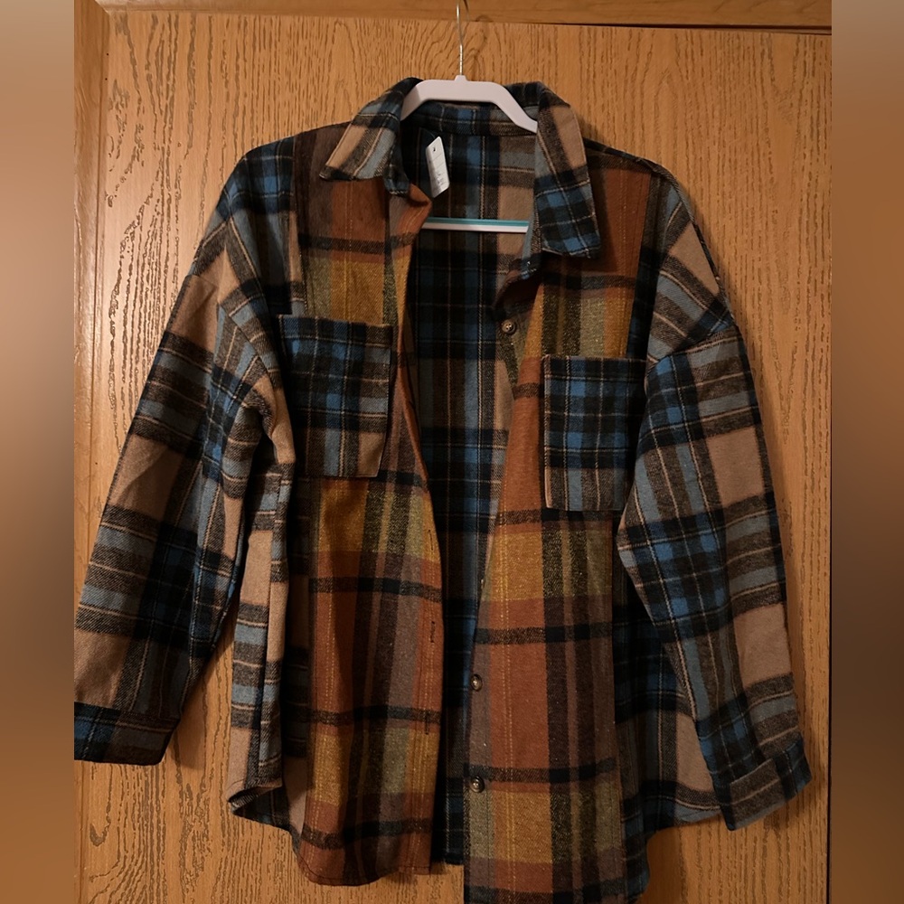 Double Take Plaid Curved Hem Shirt Jacket with Breast Pockets- XL- NWOT